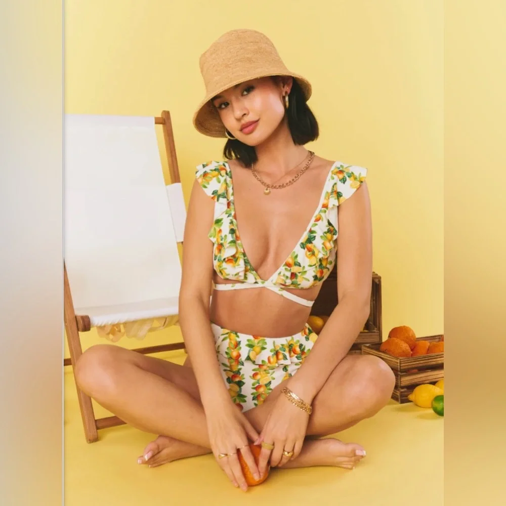 Show Me Your MuMu Yellow Lemon Print Ruffle Bikini Set - Picture 2 of 15